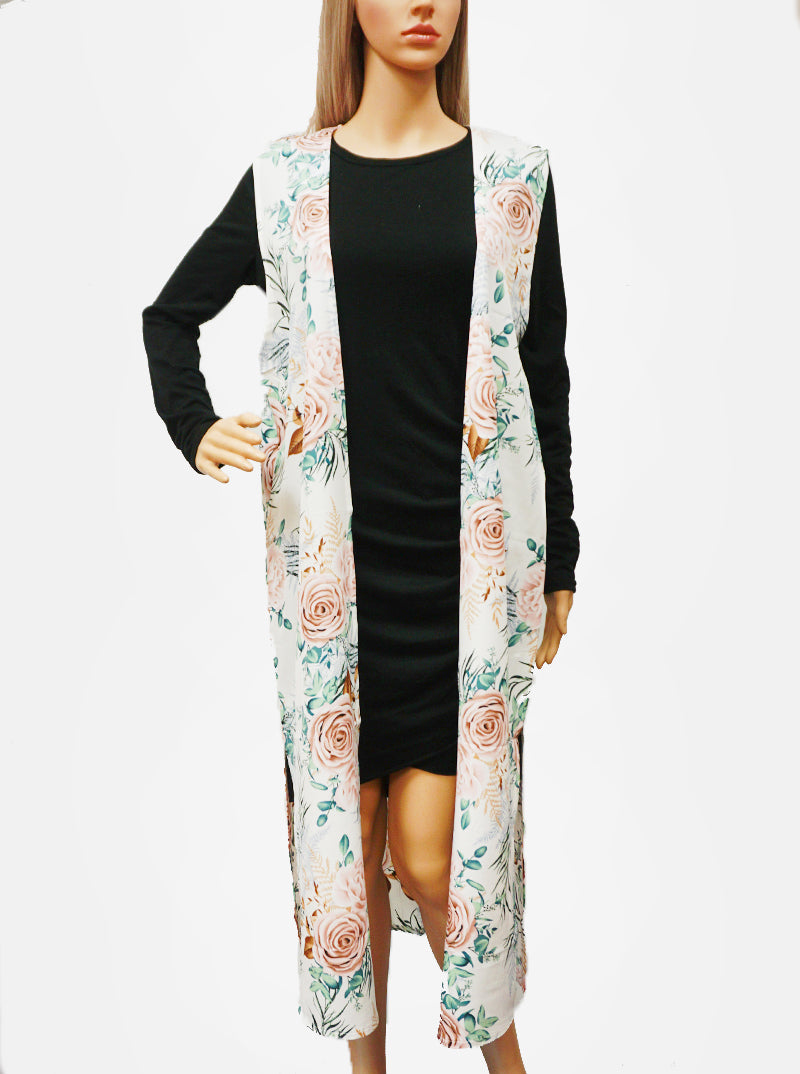 Floral Flower Rose Pattern Polyester Long Kimono