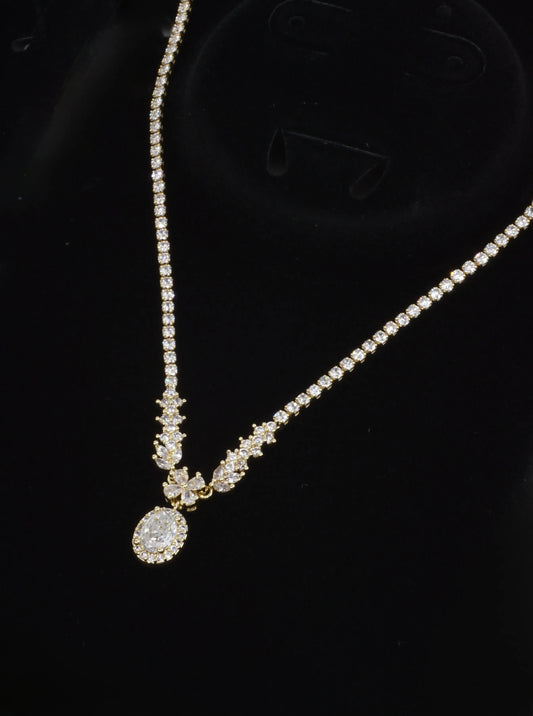 Floral Oval Halo Tennis Necklace With CZ