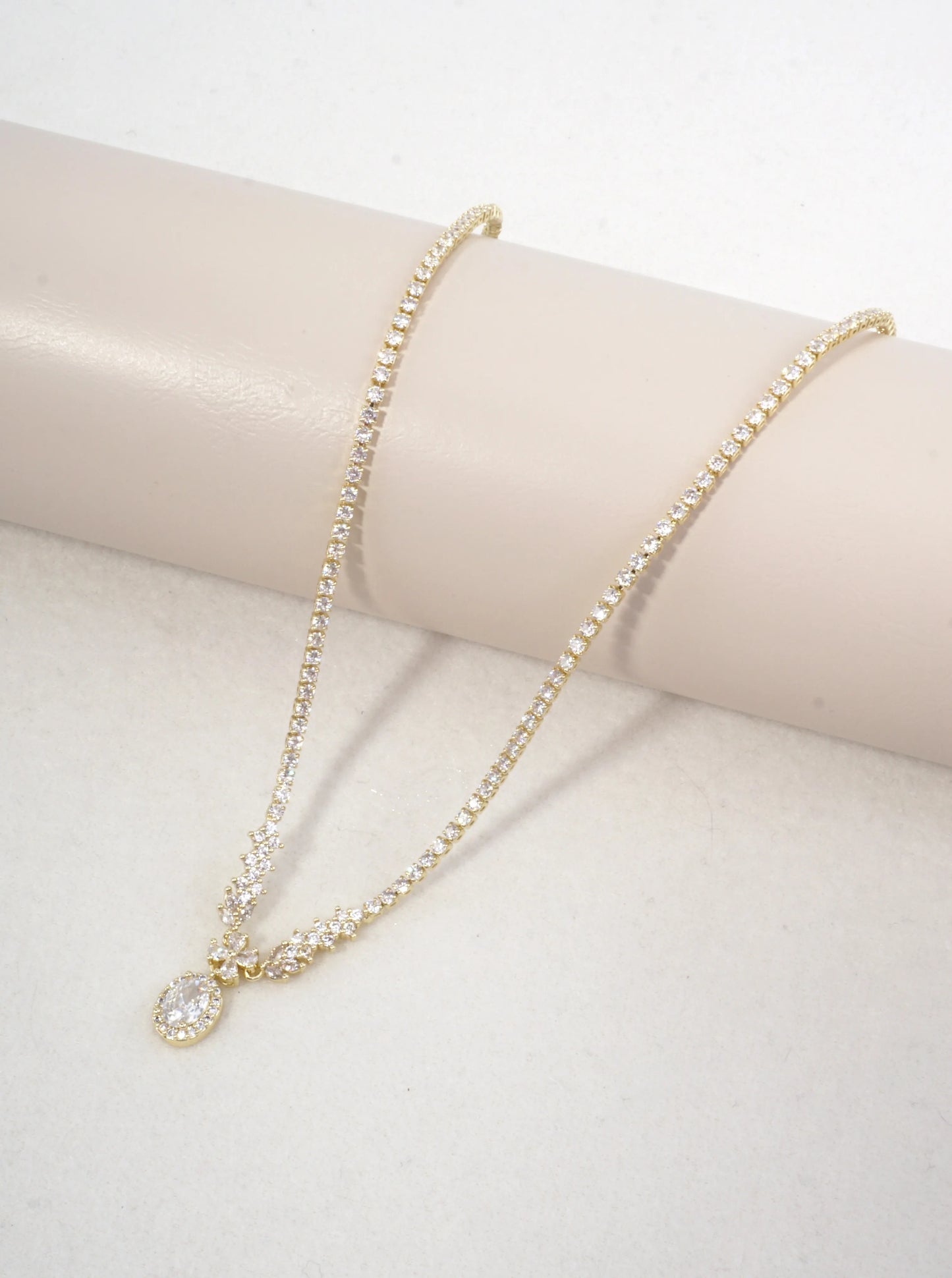 Floral Oval Halo Tennis Necklace With CZ