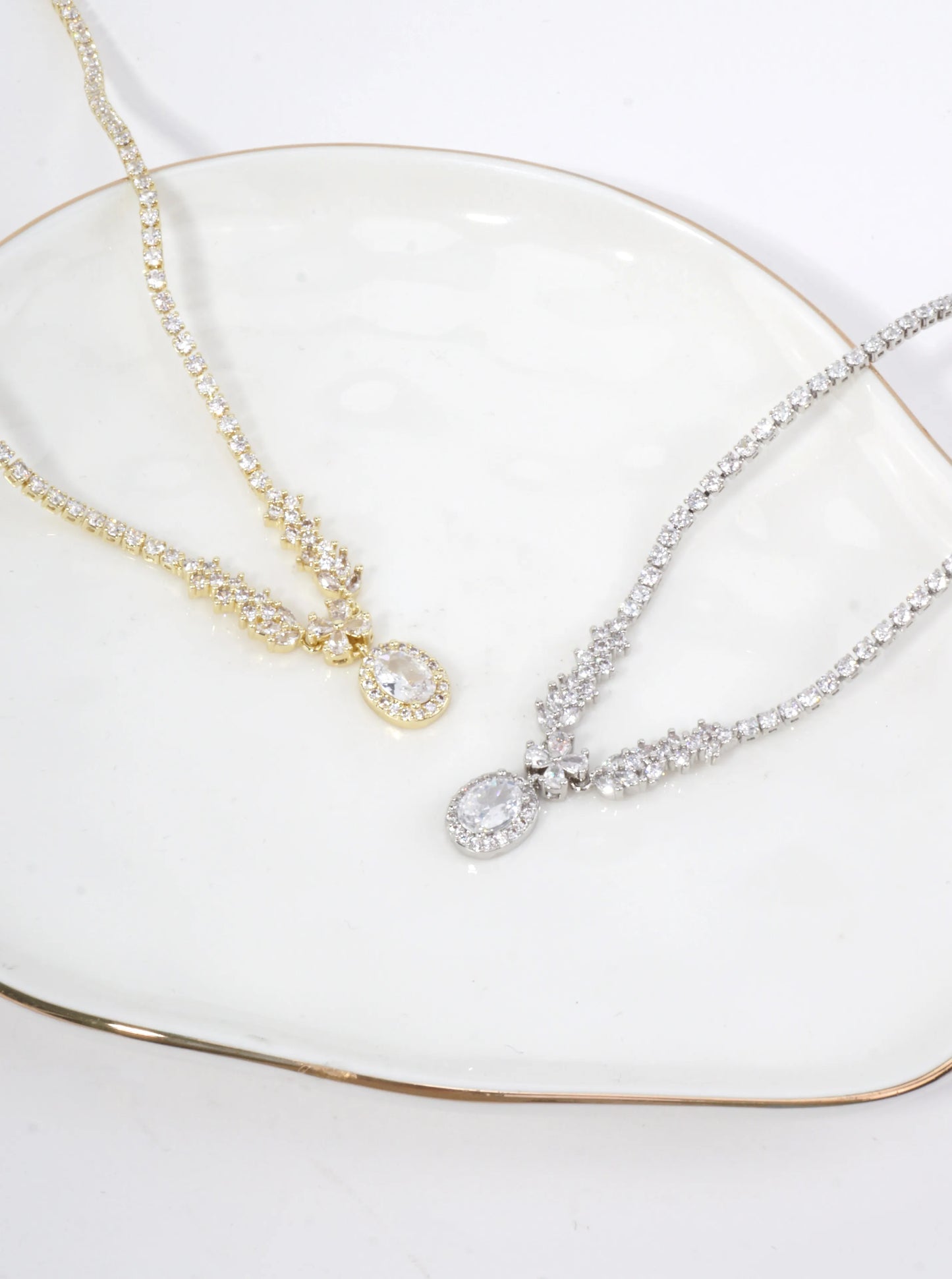 Floral Oval Halo Tennis Necklace With CZ