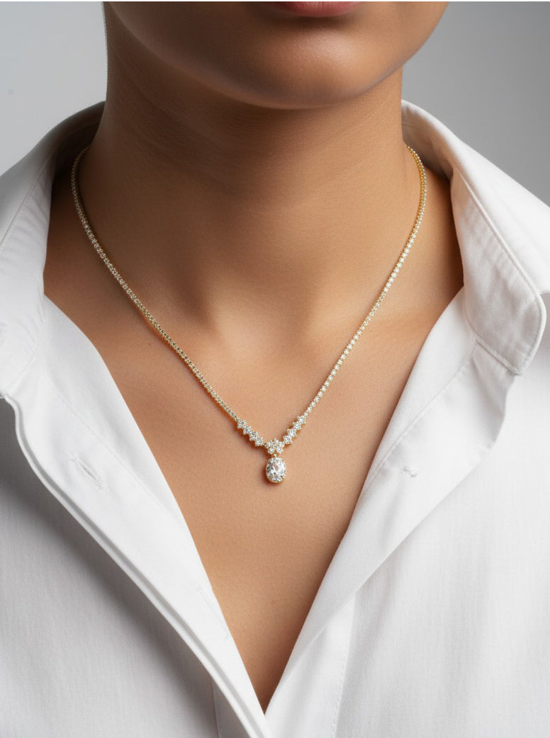 Floral Oval Halo Tennis Necklace With CZ
