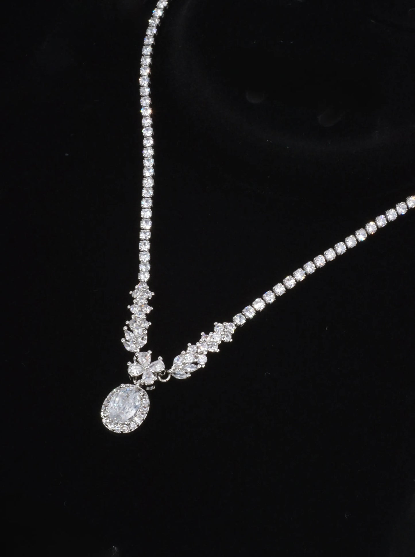 Floral Oval Halo Tennis Necklace With CZ