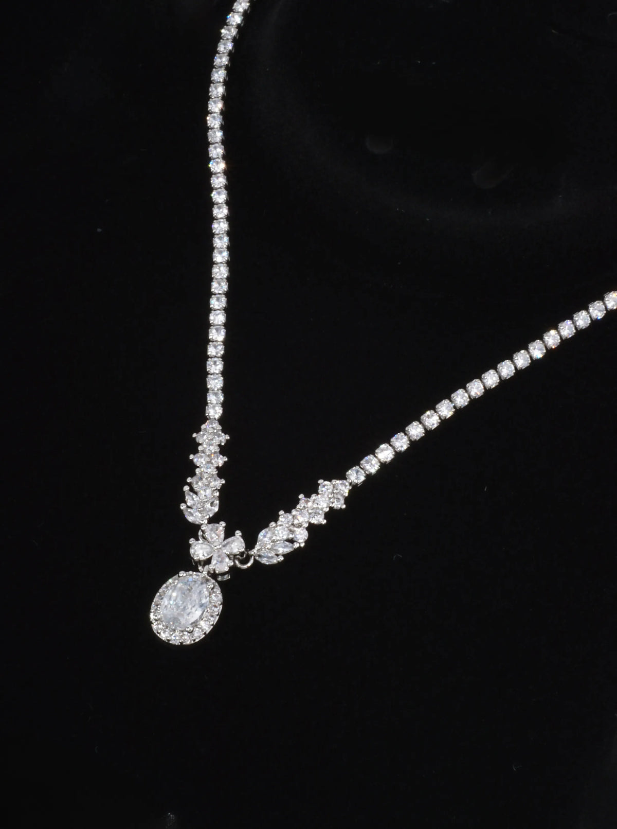 Floral Oval Halo Tennis Necklace With CZ