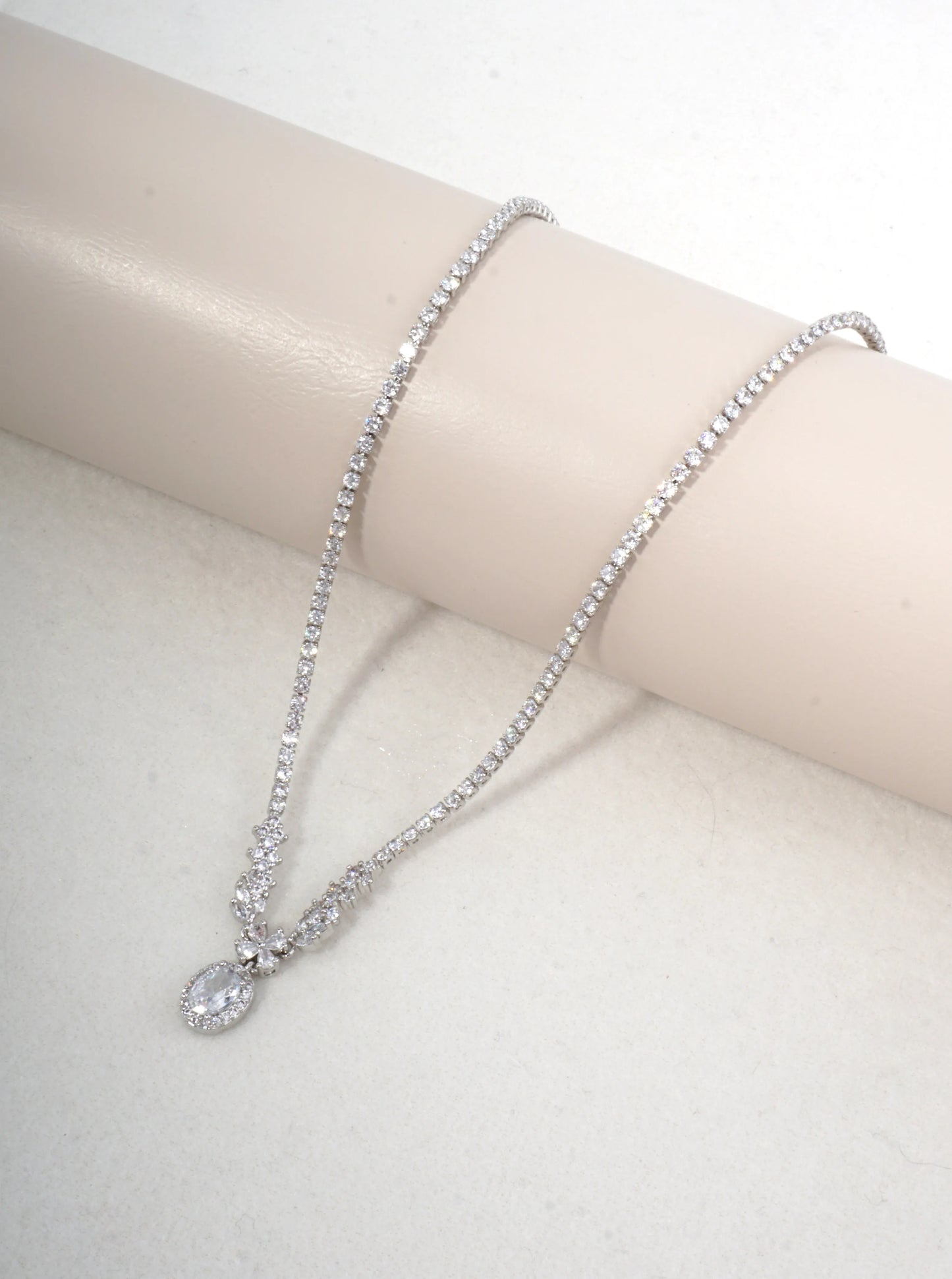 Floral Oval Halo Tennis Necklace With CZ