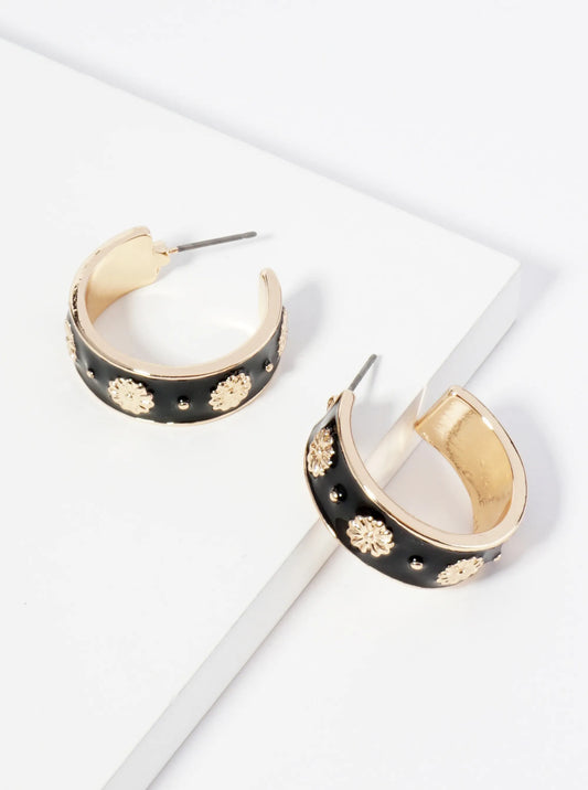 Floral Pattern 23mm Enamel Open Hoop Earrings