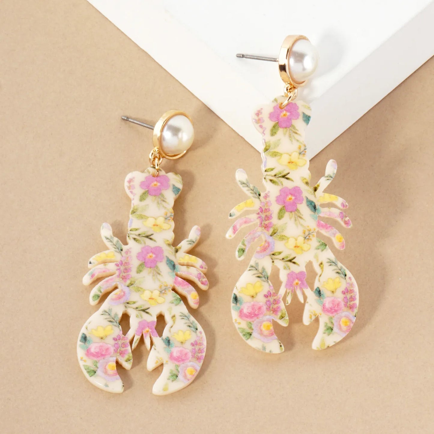 Floral Pattern Acetate Lobster Drop Pearl Post Sea-Life Statement Earrings