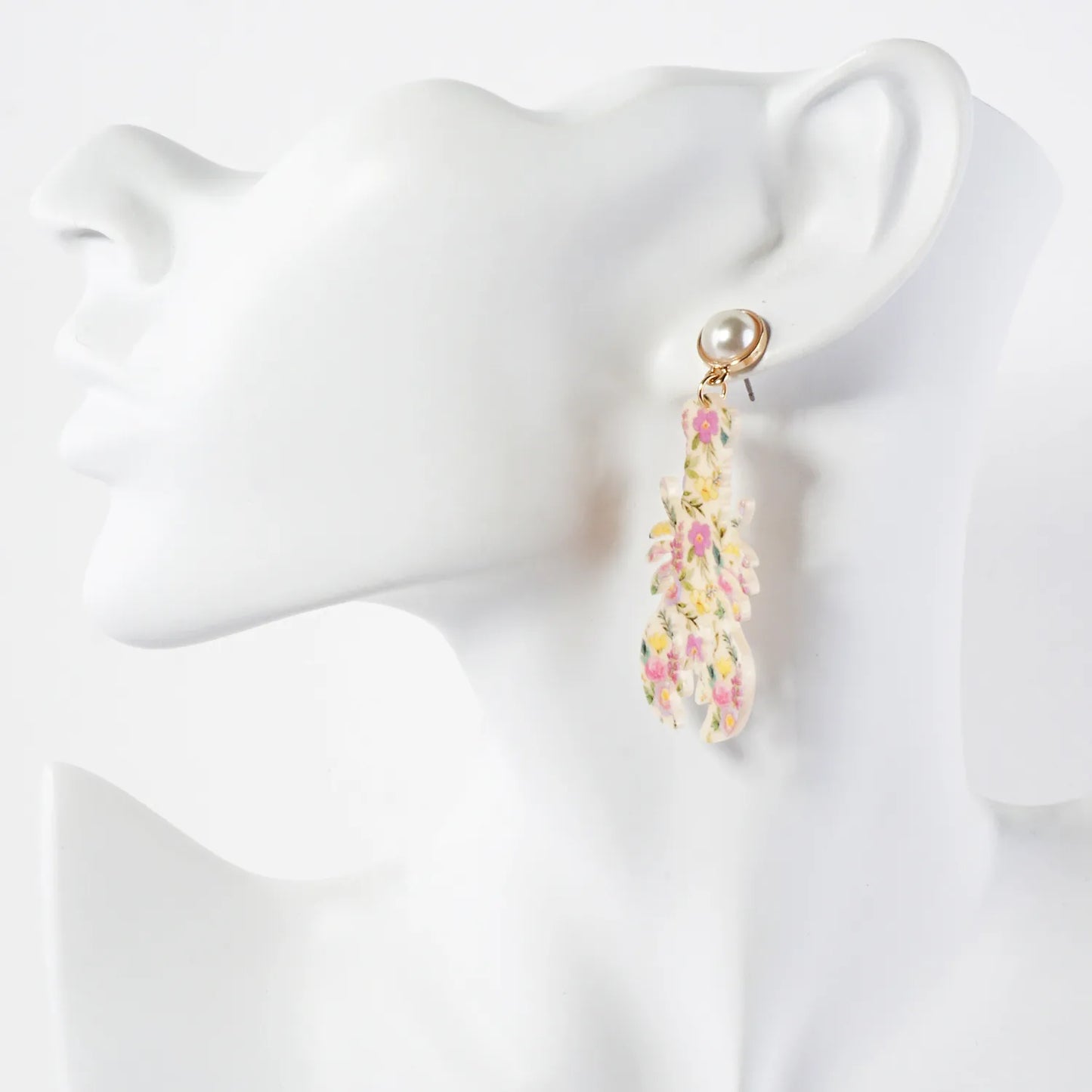 Floral Pattern Acetate Lobster Drop Pearl Post Sea-Life Statement Earrings