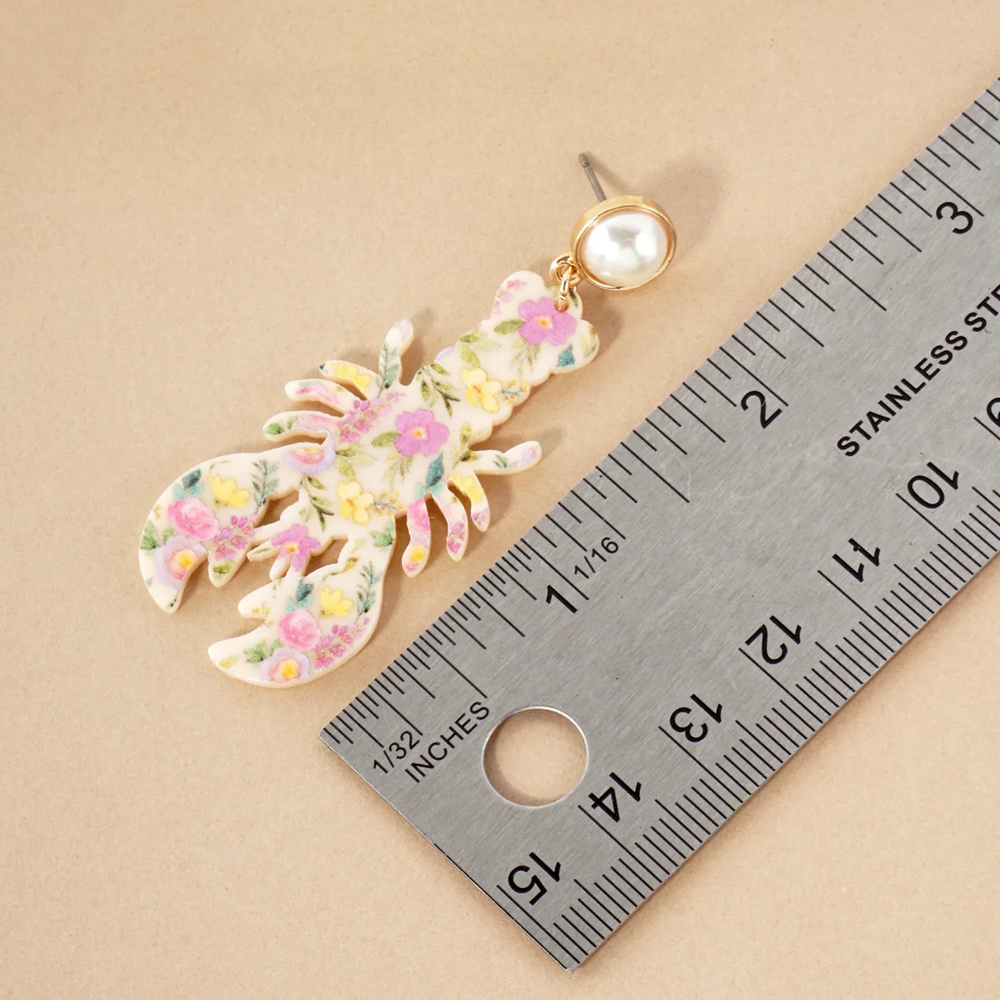 Floral Pattern Acetate Lobster Drop Pearl Post Sea-Life Statement Earrings