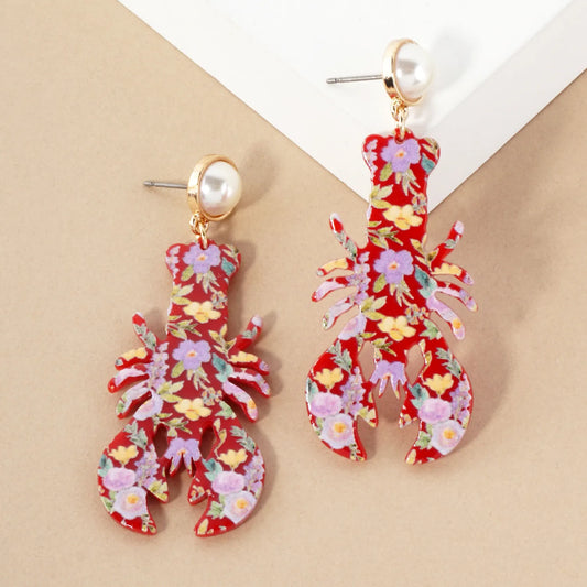 Floral Pattern Acetate Lobster Drop Pearl Post Sea-Life Statement Earrings