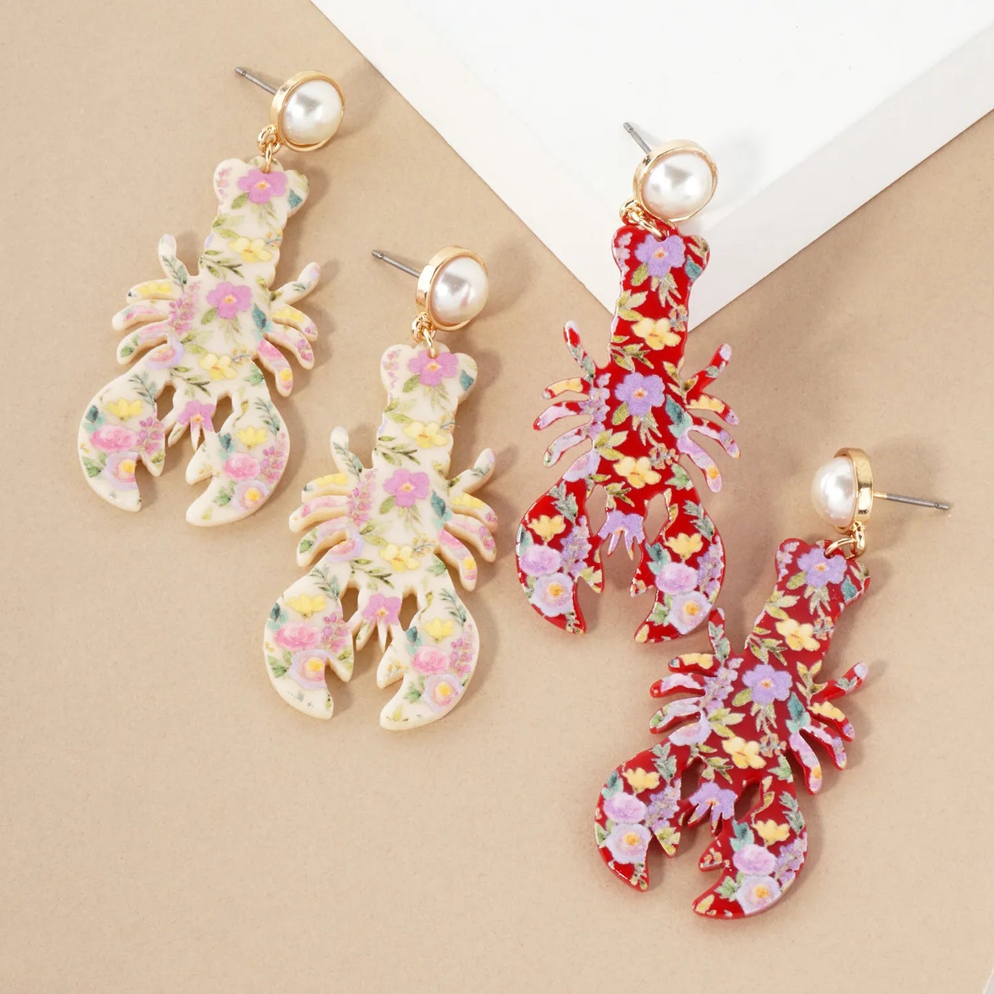 Floral Pattern Acetate Lobster Drop Pearl Post Sea-Life Statement Earrings