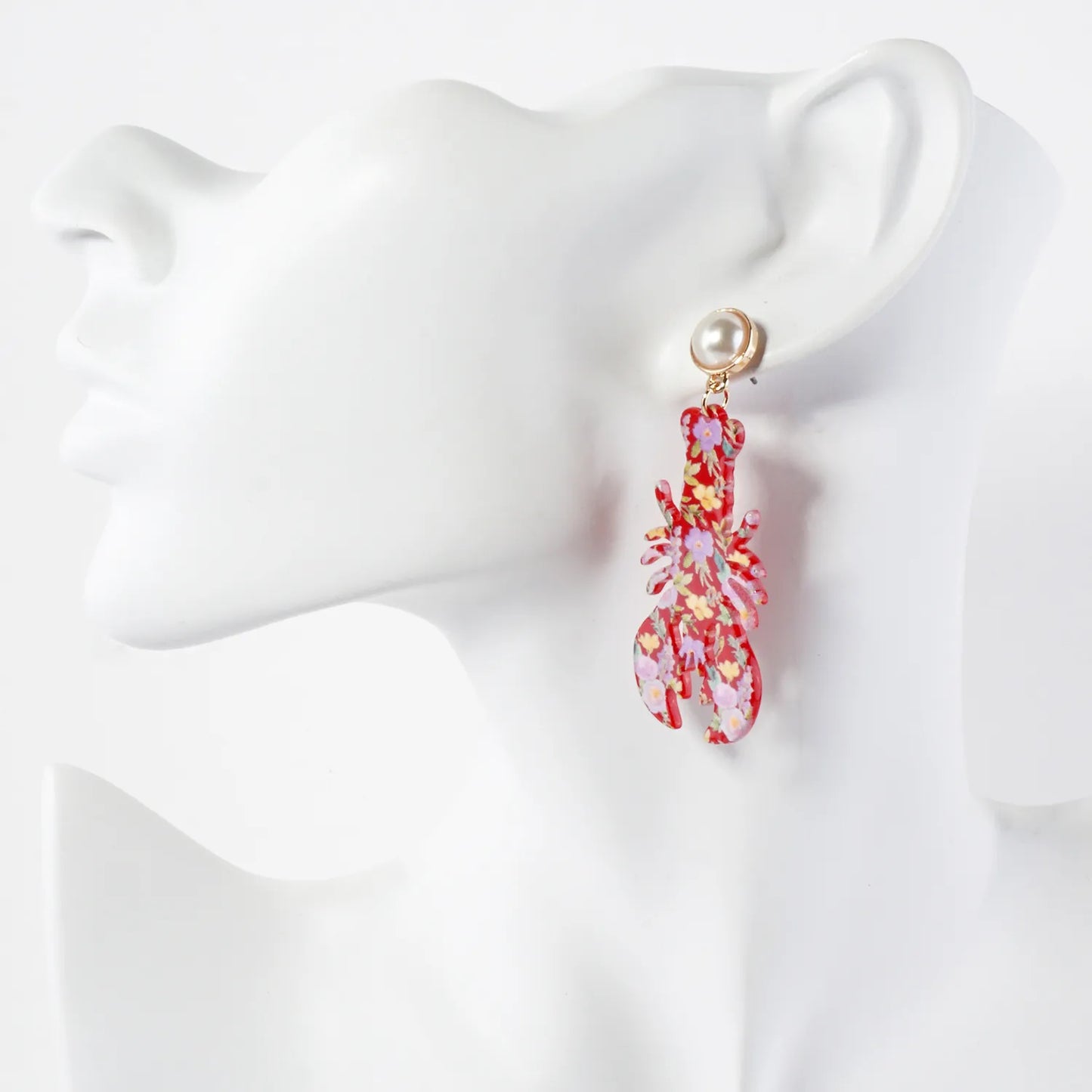 Floral Pattern Acetate Lobster Drop Pearl Post Sea-Life Statement Earrings