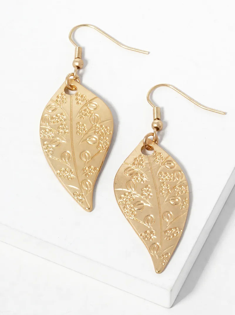Floral Pattern Engraved Leaf Shape Metal Dangle Earrings