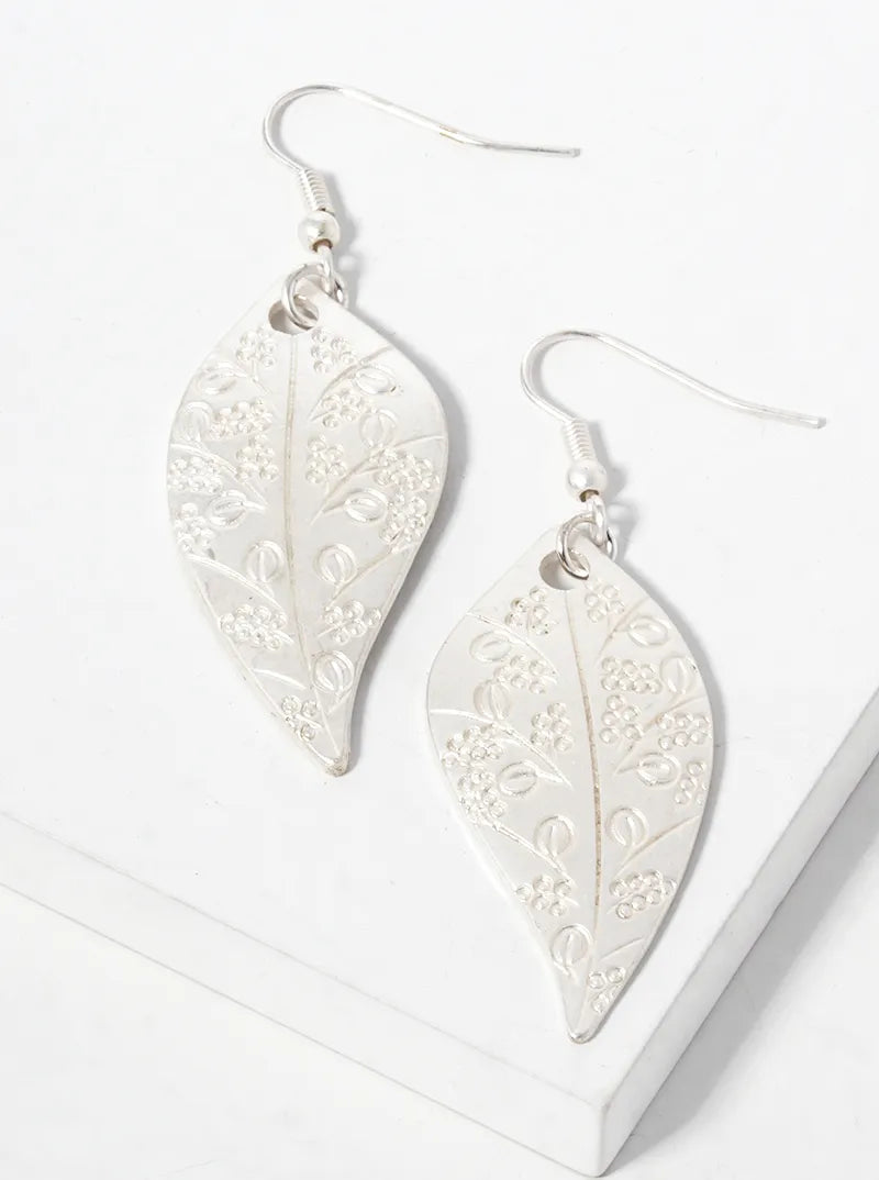 Floral Pattern Engraved Leaf Shape Metal Dangle Earrings