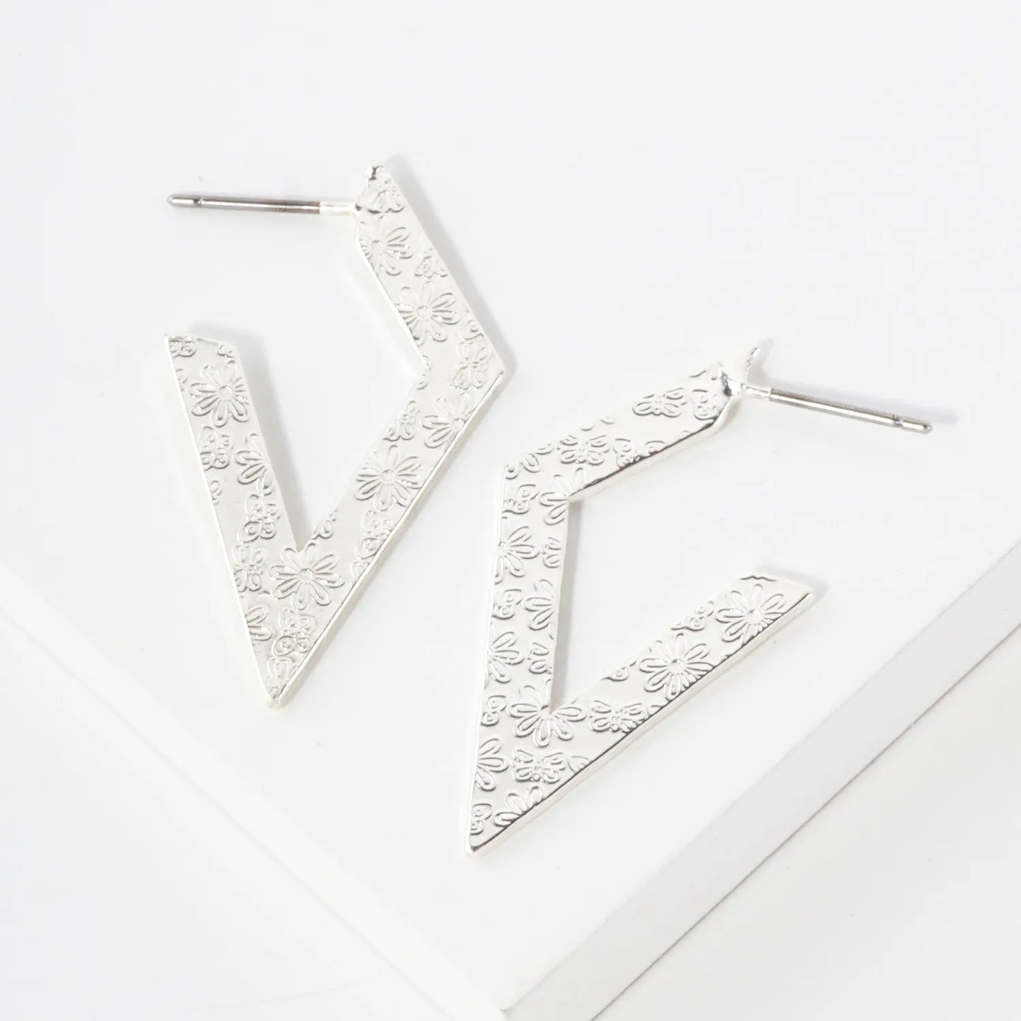 Floral-Patterned Geometric Diamond-Shaped 30mm Flat Hoop Earrings