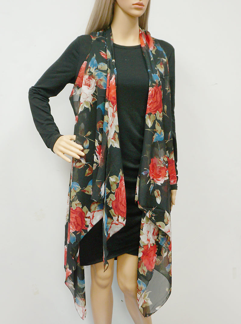 Floral Print Sleeveless Chiffon Long Vest