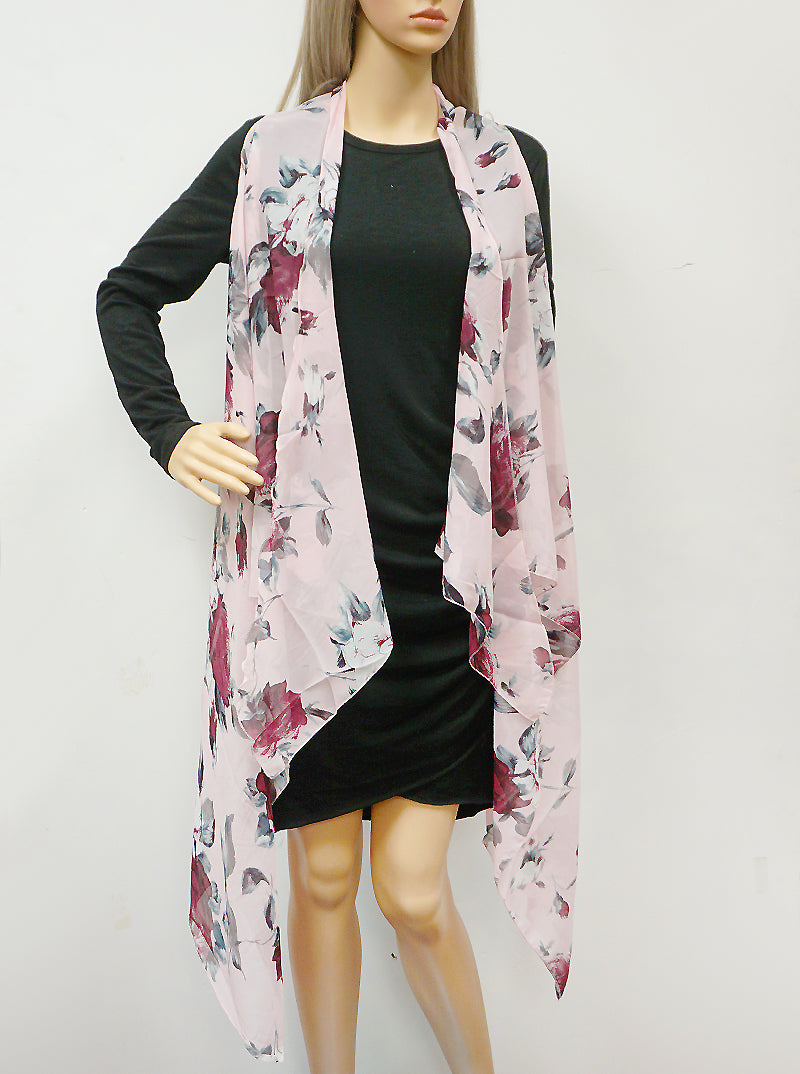 Floral Print Sleeveless Chiffon Long Vest