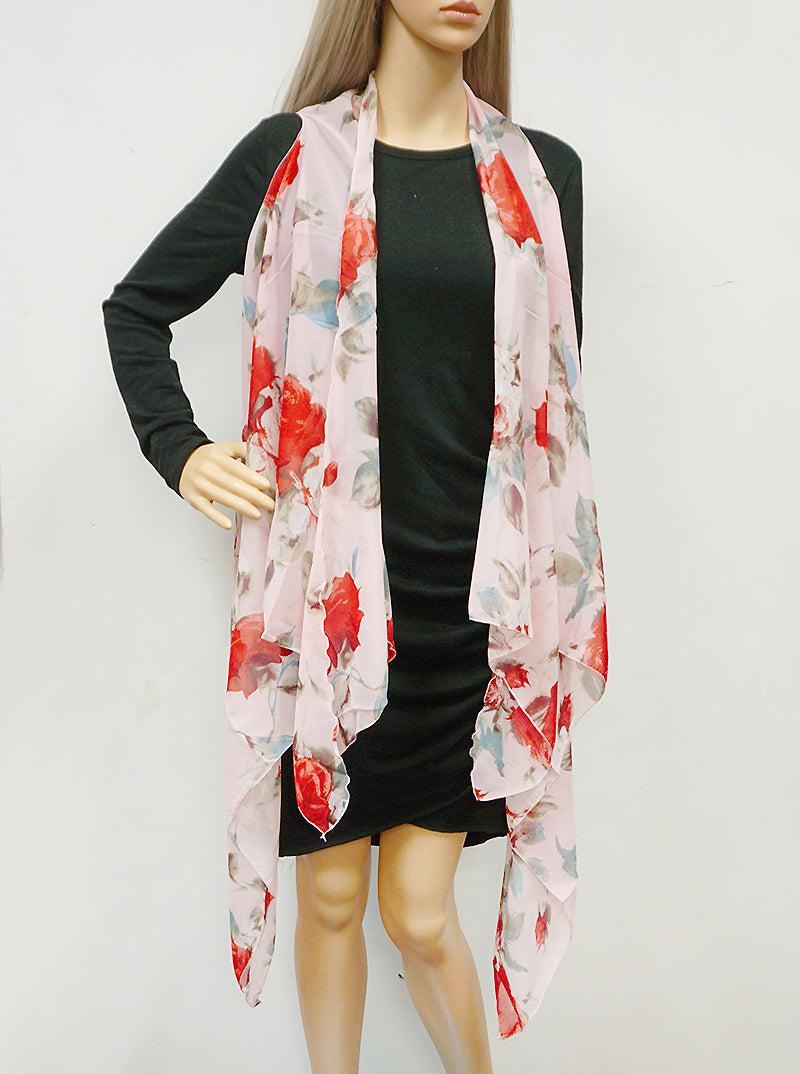 Floral Print Sleeveless Chiffon Long Vest