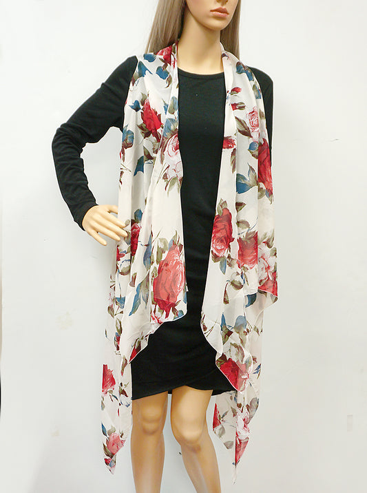 Floral Print Sleeveless Chiffon Long Vest