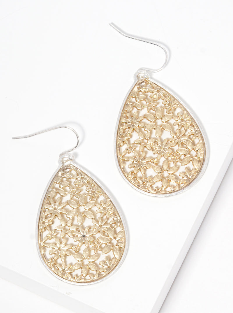 Floral Flower Filigree Tear Metal Drop Earrings