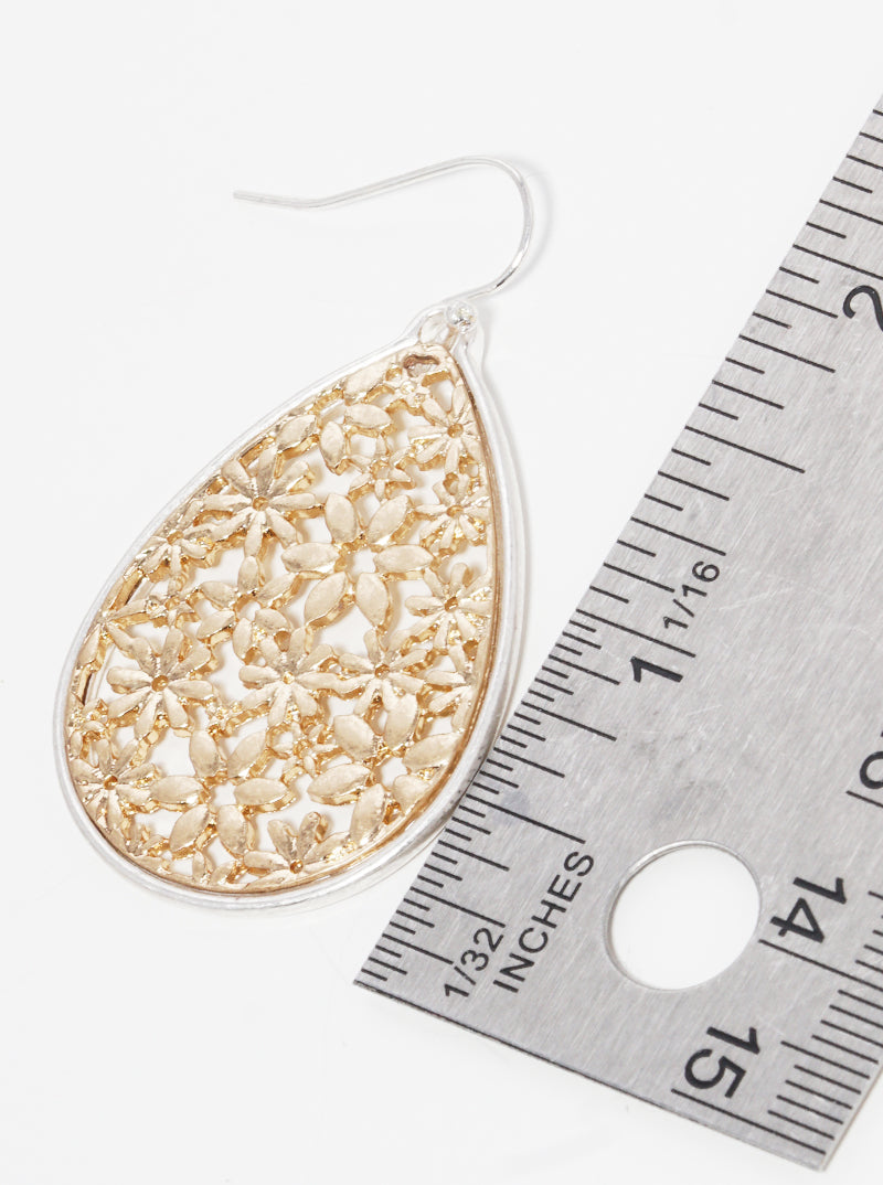 Floral Flower Filigree Tear Metal Drop Earrings