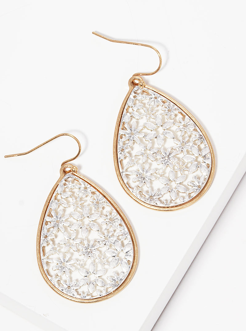 Floral Flower Filigree Tear Metal Drop Earrings