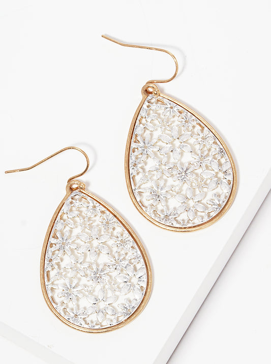 Floral Flower Filigree Tear Metal Drop Earrings