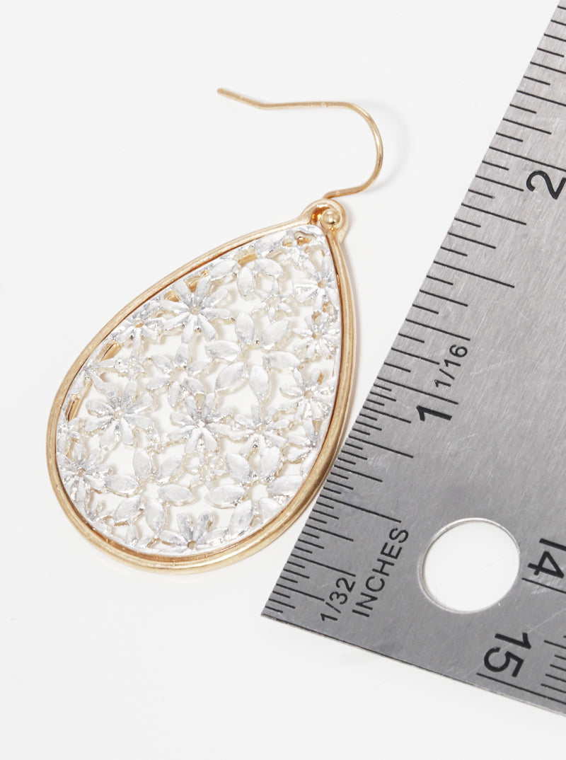 Floral Flower Filigree Tear Metal Drop Earrings