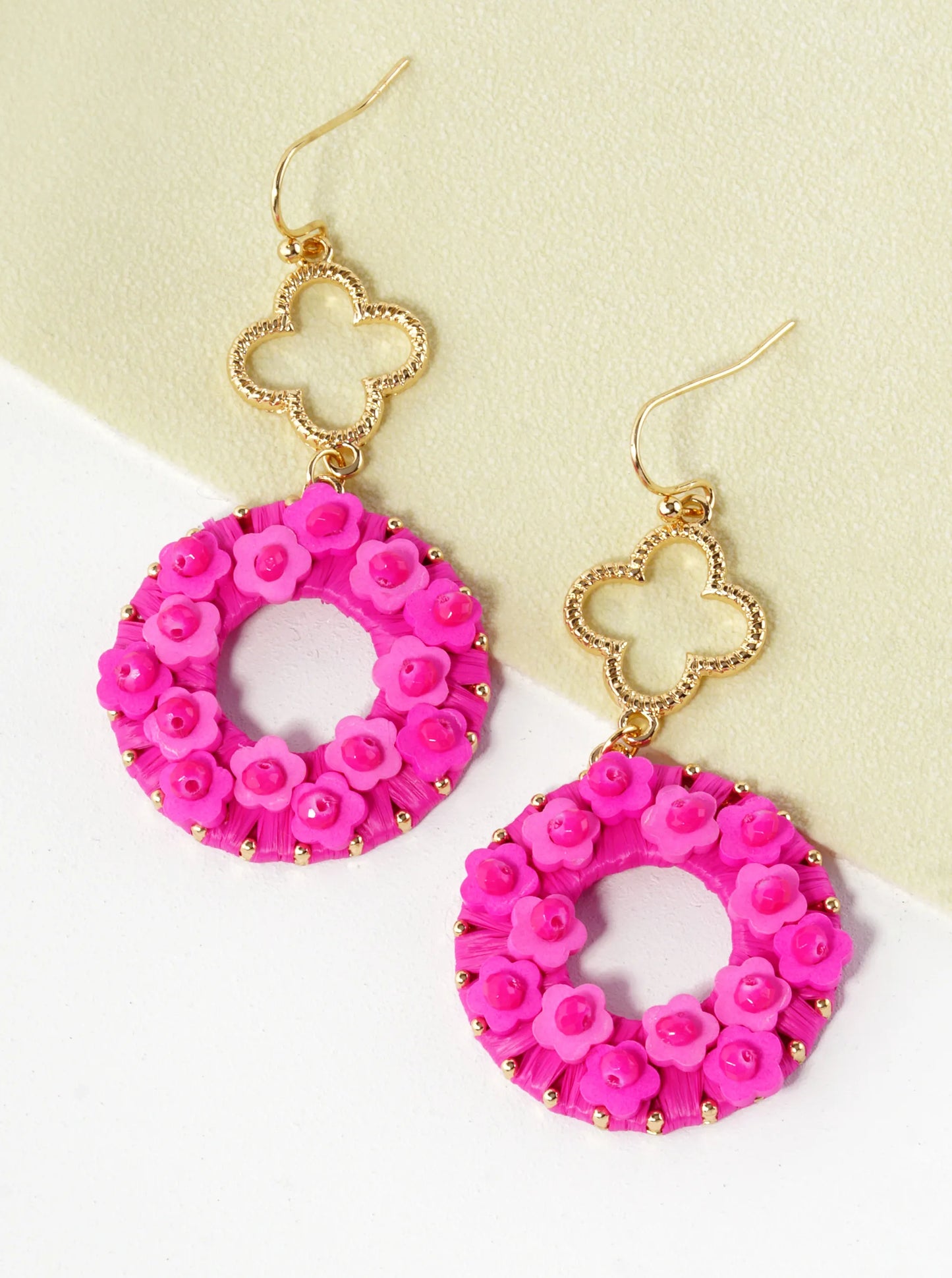 Flower Beaded Raffia Wrapped Circle Drop Quatrefoil Dangle Earrings