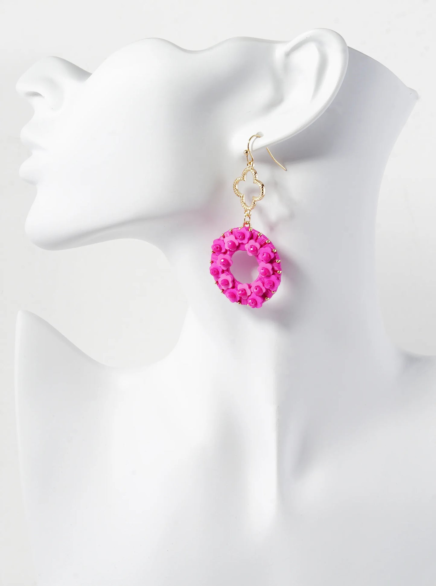 Flower Beaded Raffia Wrapped Circle Drop Quatrefoil Dangle Earrings