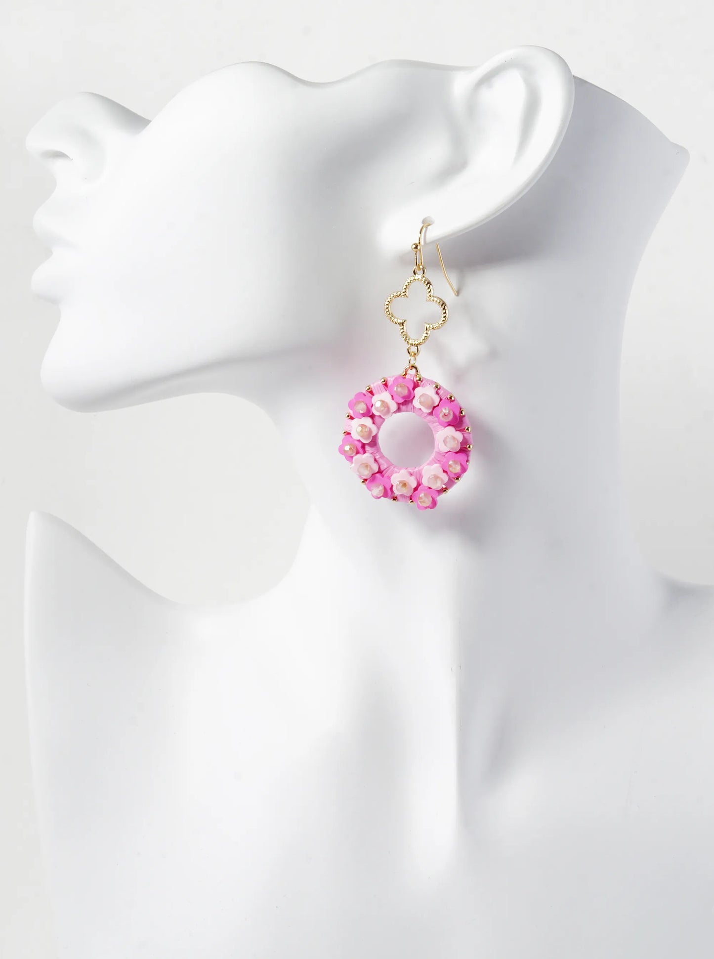 Flower Beaded Raffia Wrapped Circle Drop Quatrefoil Dangle Earrings