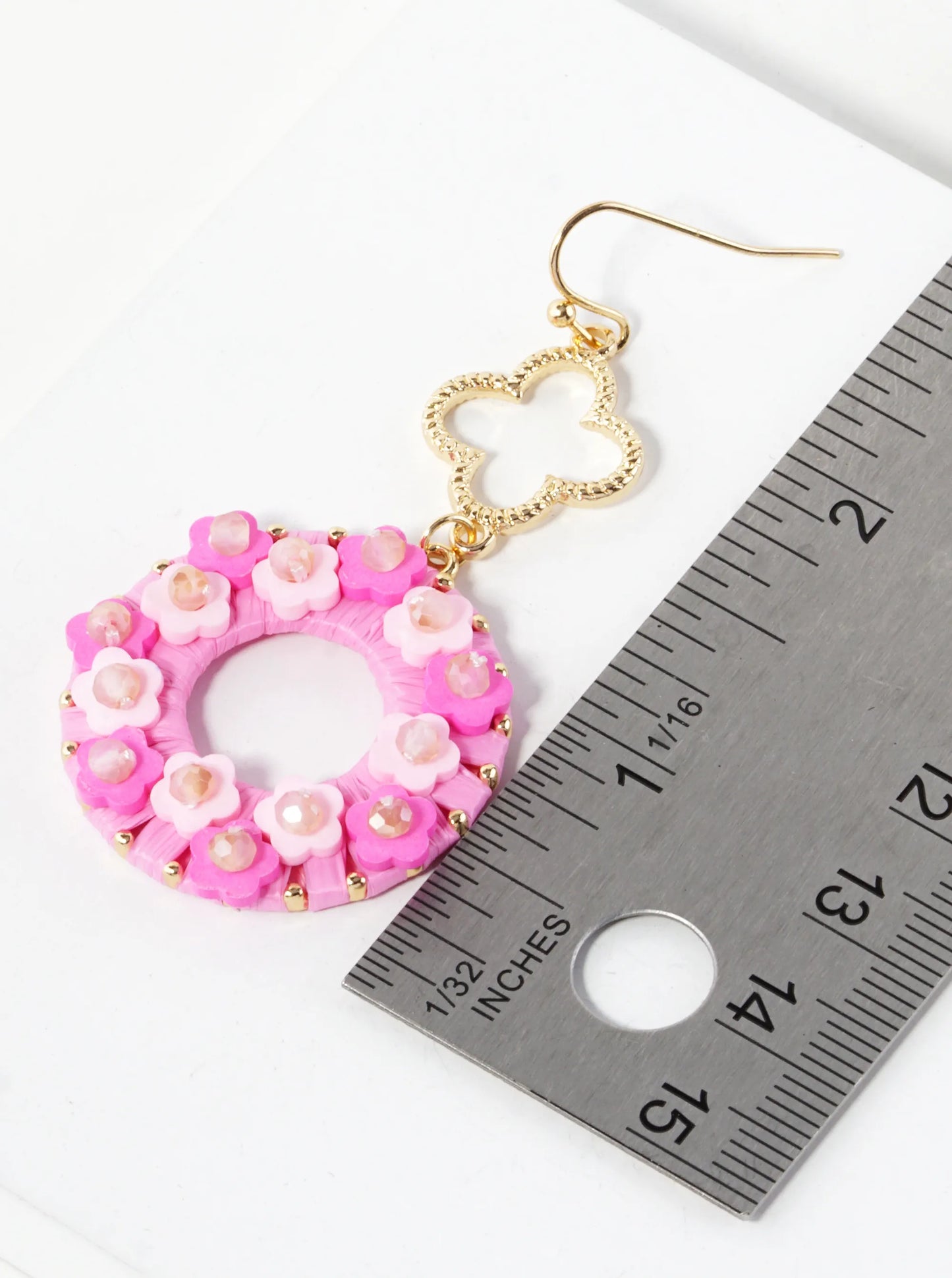 Flower Beaded Raffia Wrapped Circle Drop Quatrefoil Dangle Earrings