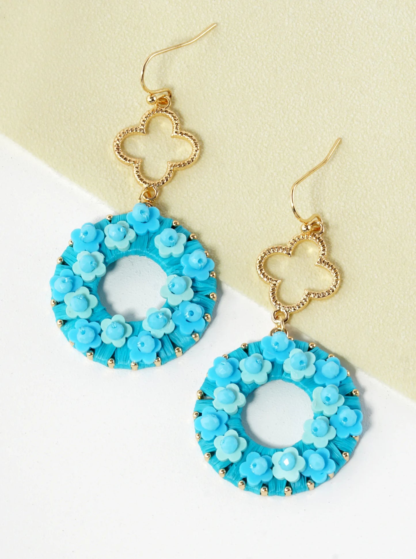 Flower Beaded Raffia Wrapped Circle Drop Quatrefoil Dangle Earrings