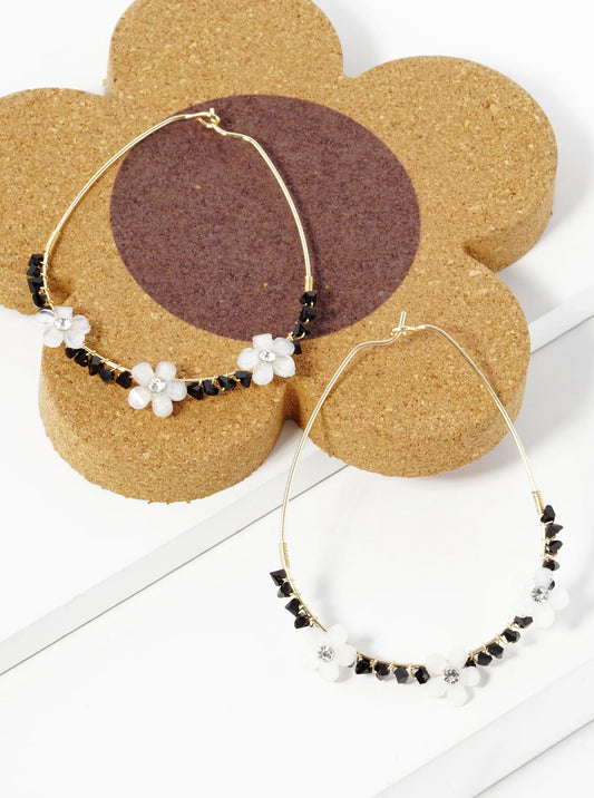 Flower Glass Beads Wired Teardrop 55mm Hoop Earrings