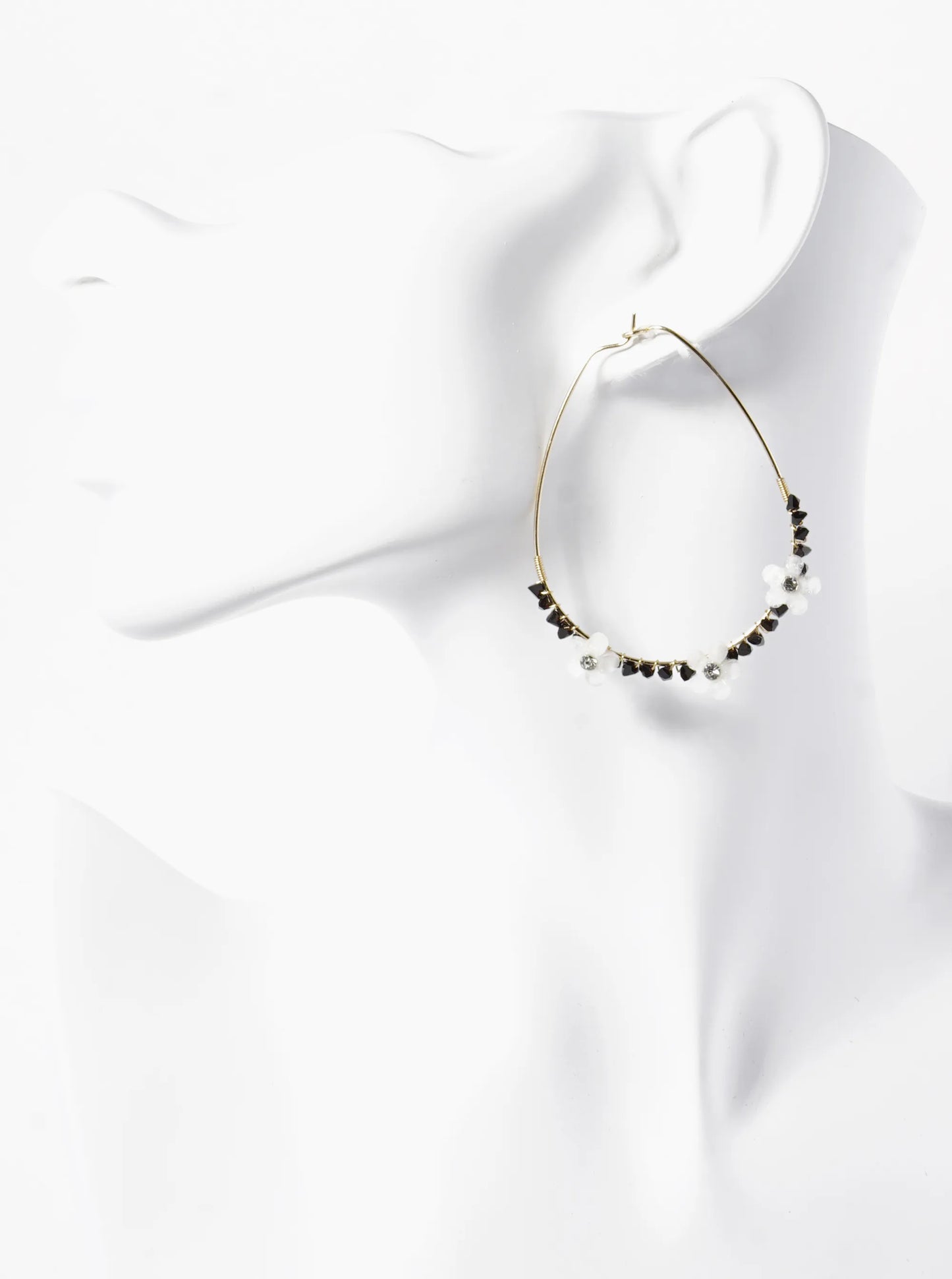 Flower Glass Beads Wired Teardrop 55mm Hoop Earrings