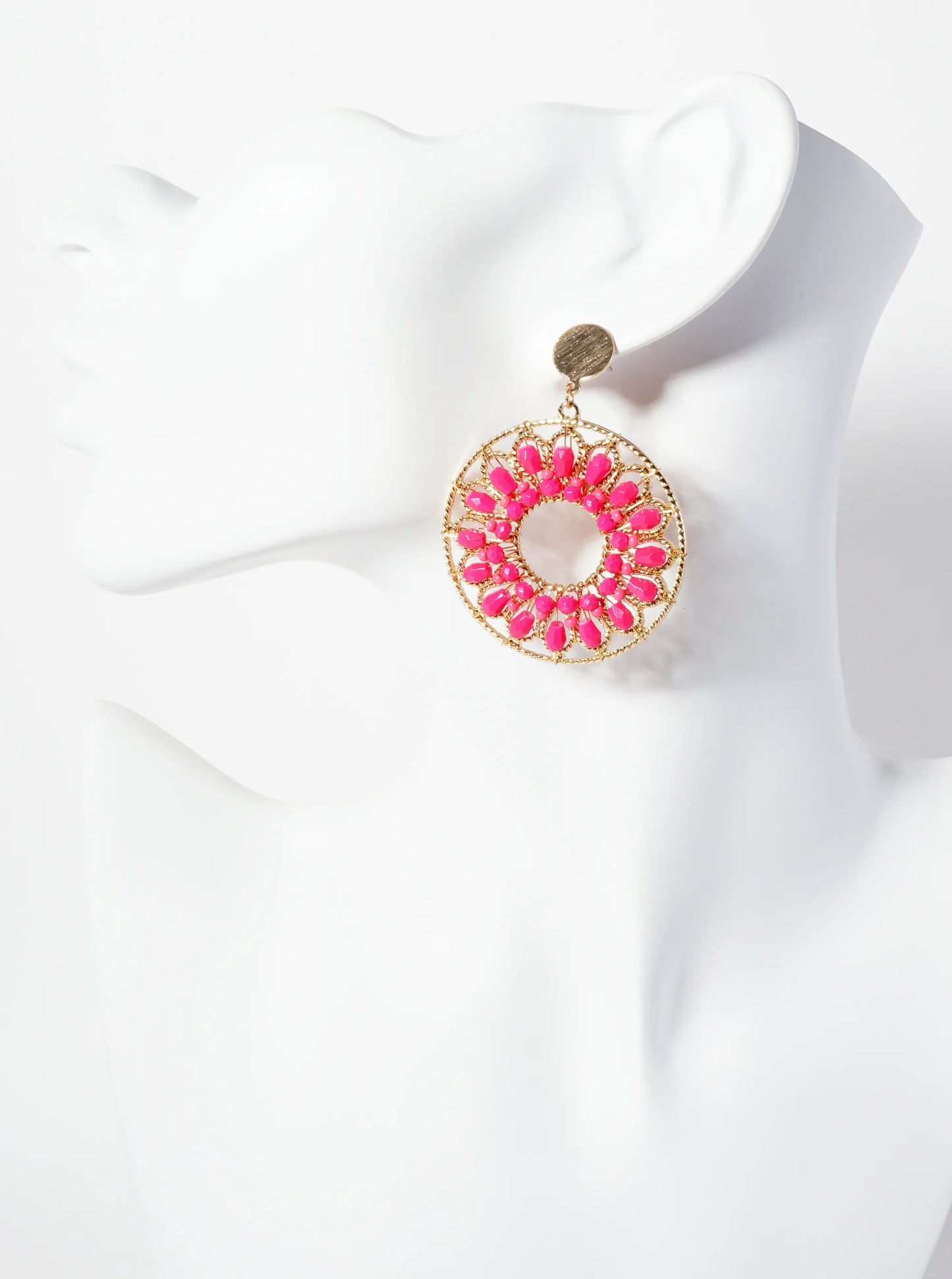 Flower Pattern Glass-Beads Wire Wrapped Round Statement Earrings