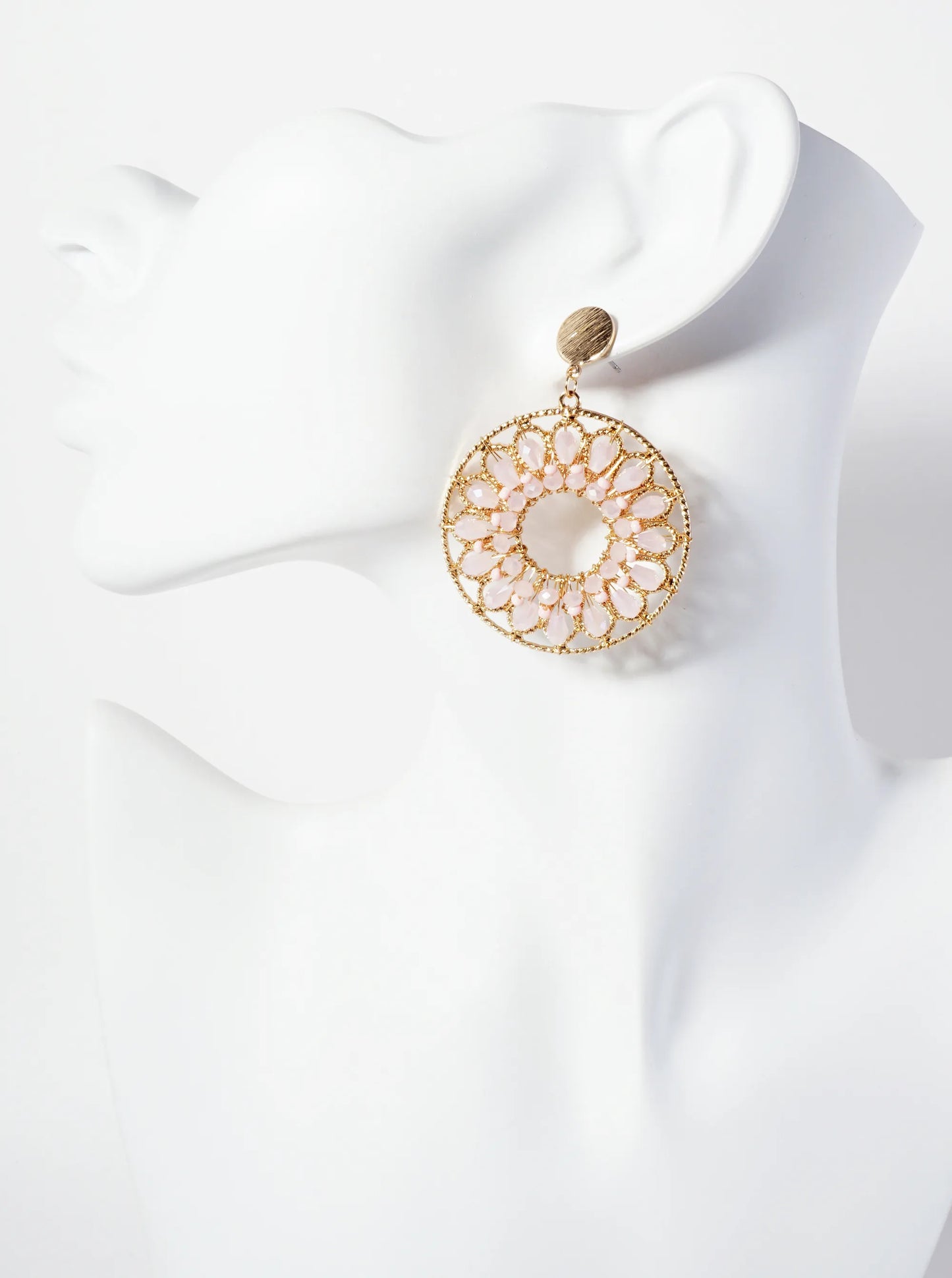 Flower Pattern Glass-Beads Wire Wrapped Round Statement Earrings