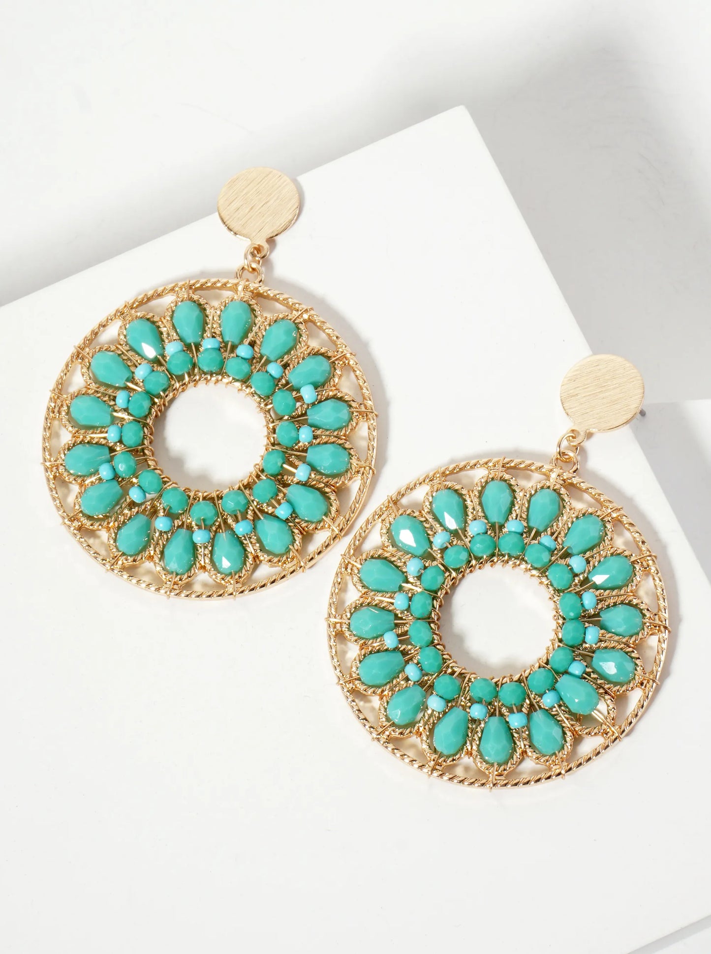 Flower Pattern Glass-Beads Wire Wrapped Round Statement Earrings