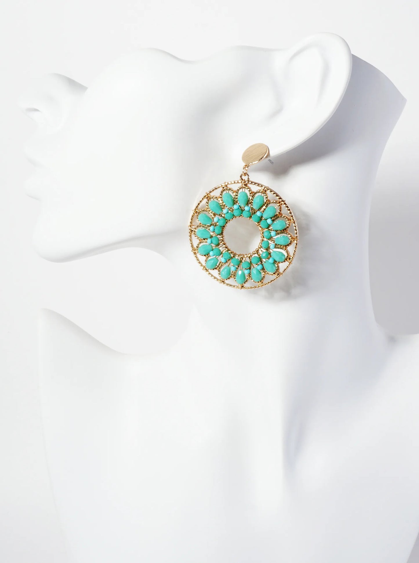 Flower Pattern Glass-Beads Wire Wrapped Round Statement Earrings