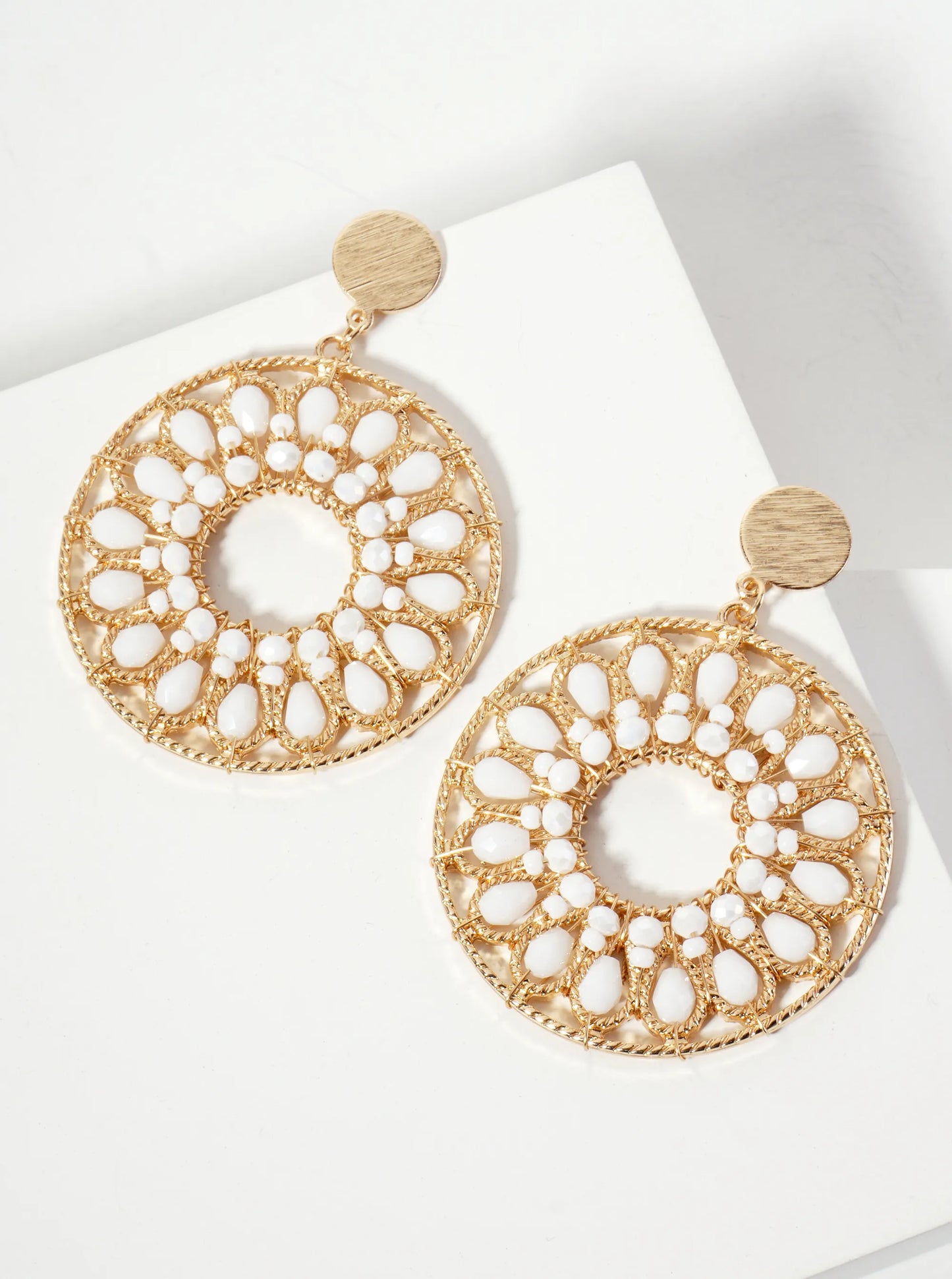 Flower Pattern Glass-Beads Wire Wrapped Round Statement Earrings
