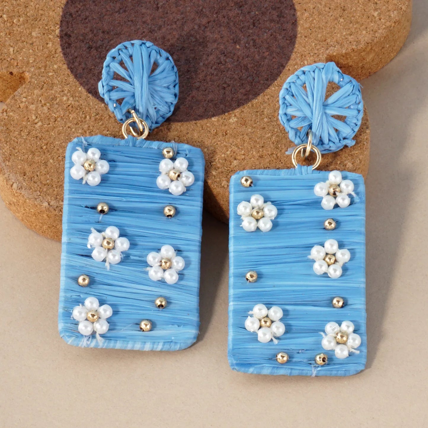 Flower Pearl-Beaded Raffia Wrapped Rectangle Drop Statement Earrings