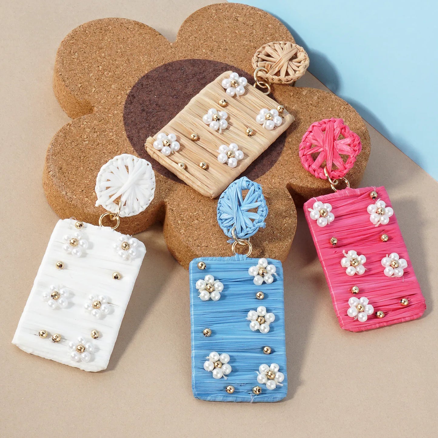Flower Pearl-Beaded Raffia Wrapped Rectangle Drop Statement Earrings