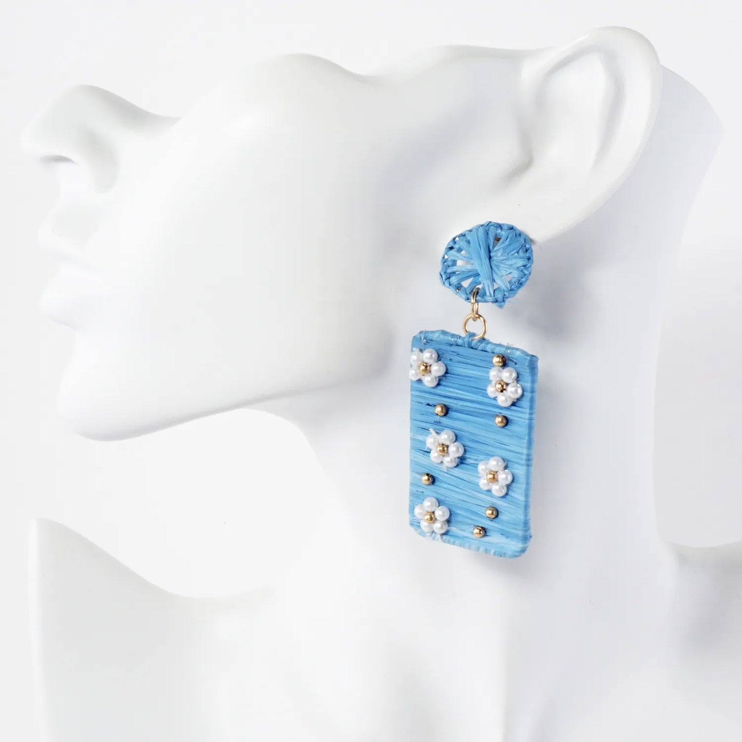 Flower Pearl-Beaded Raffia Wrapped Rectangle Drop Statement Earrings