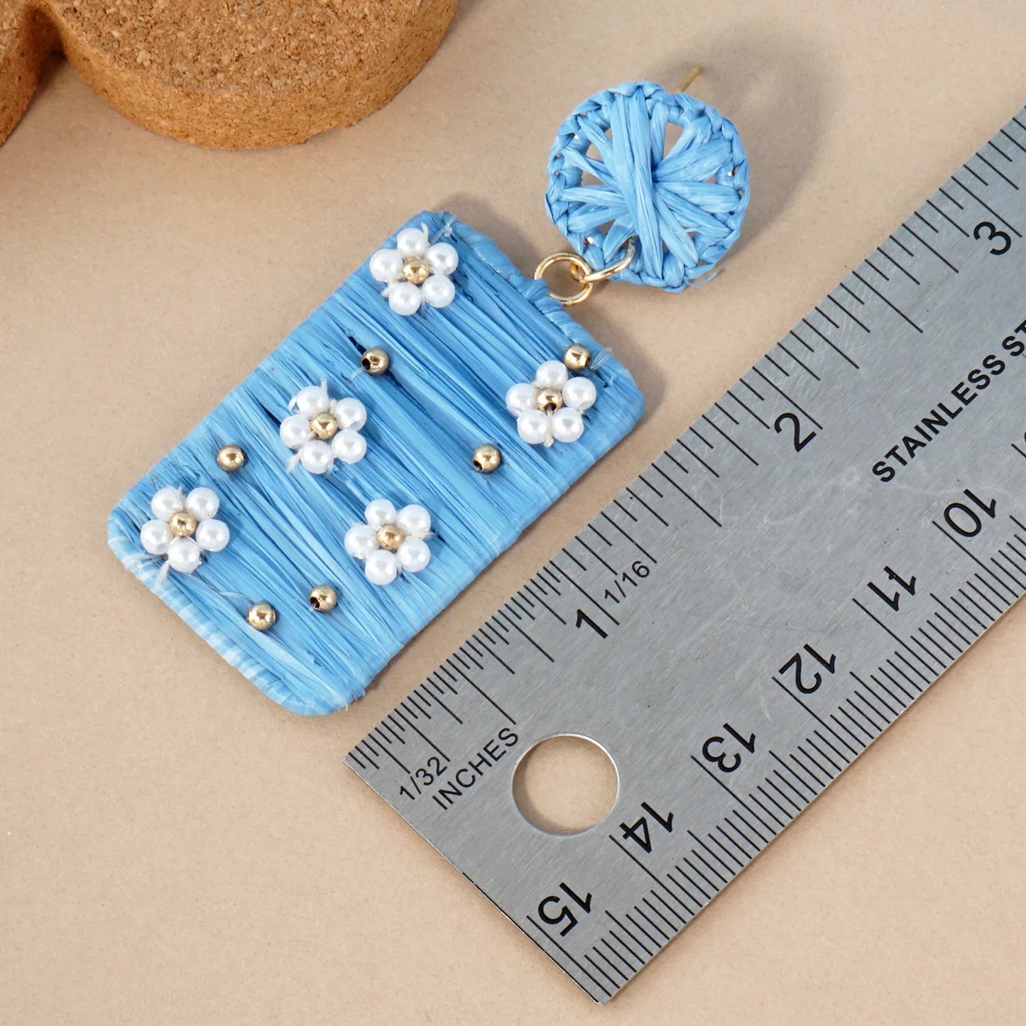 Flower Pearl-Beaded Raffia Wrapped Rectangle Drop Statement Earrings