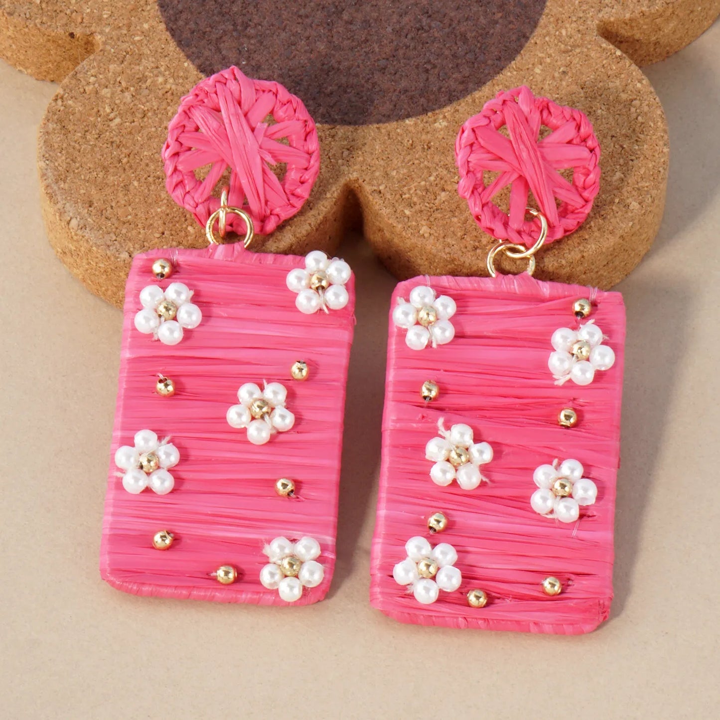 Flower Pearl-Beaded Raffia Wrapped Rectangle Drop Statement Earrings