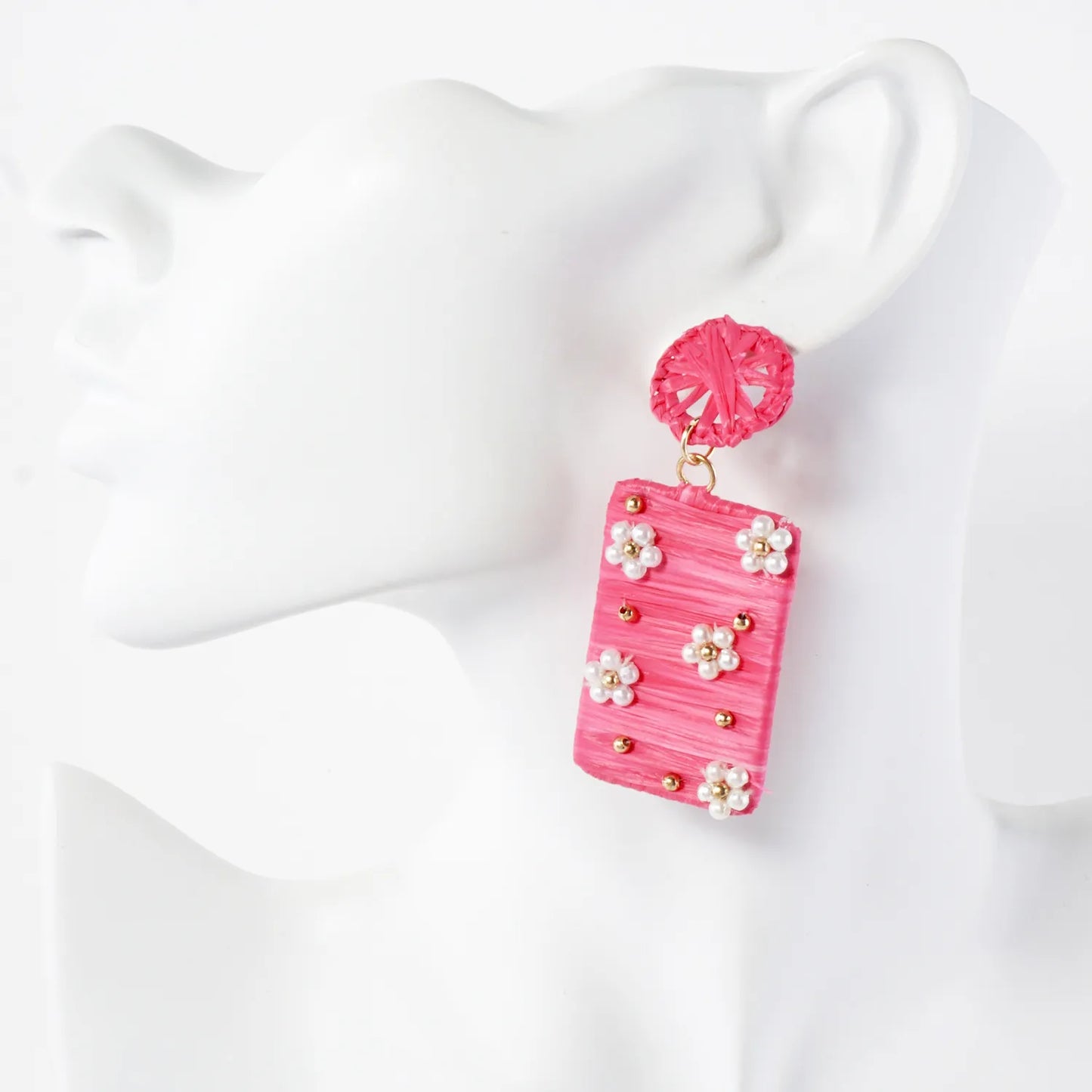 Flower Pearl-Beaded Raffia Wrapped Rectangle Drop Statement Earrings