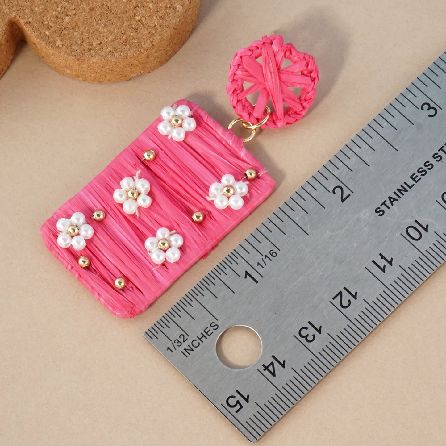 Flower Pearl-Beaded Raffia Wrapped Rectangle Drop Statement Earrings