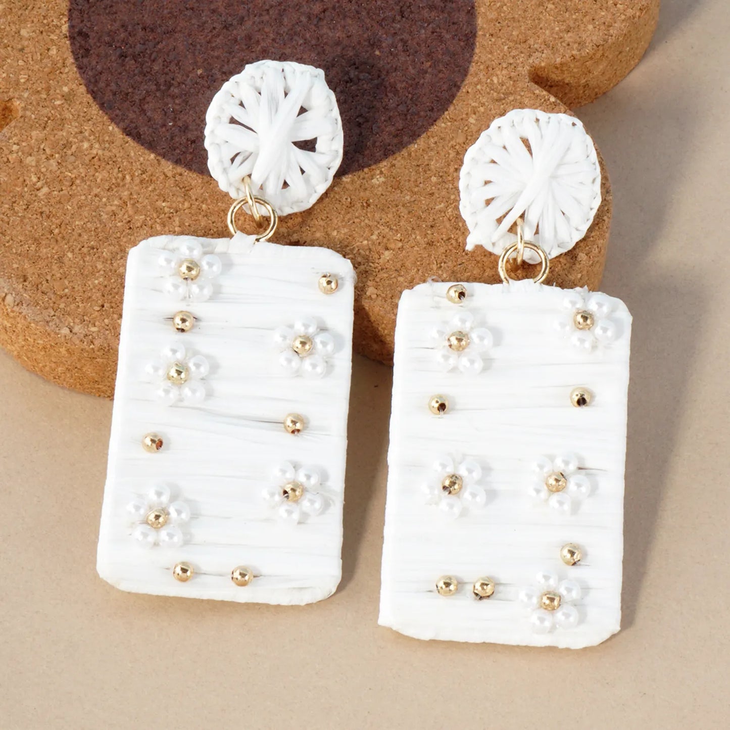 Flower Pearl-Beaded Raffia Wrapped Rectangle Drop Statement Earrings