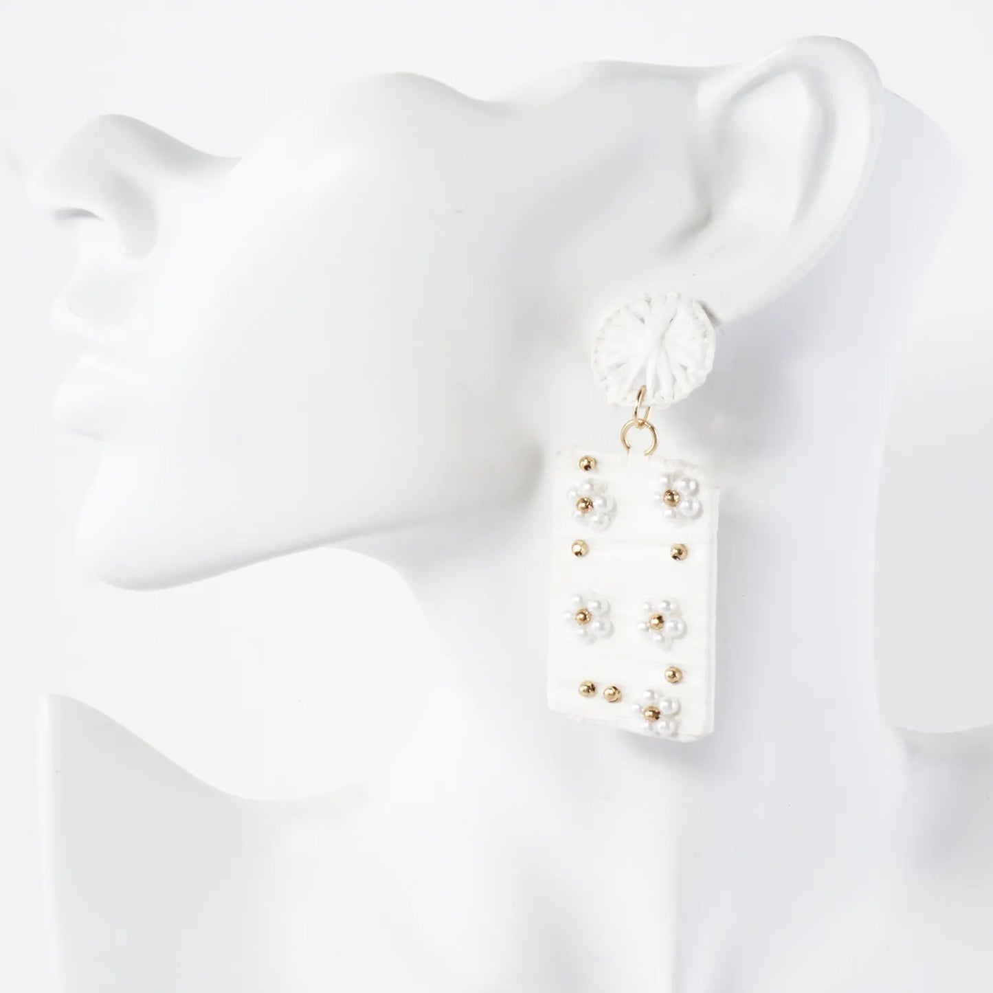 Flower Pearl-Beaded Raffia Wrapped Rectangle Drop Statement Earrings