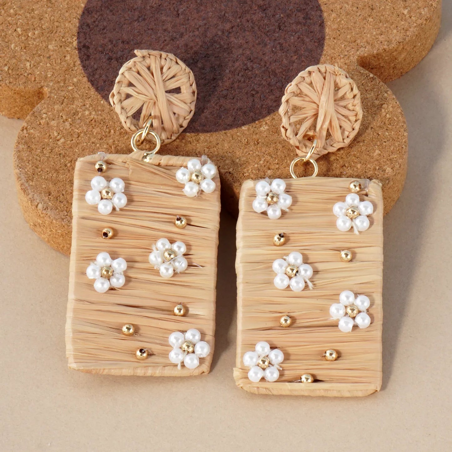 Flower Pearl-Beaded Raffia Wrapped Rectangle Drop Statement Earrings