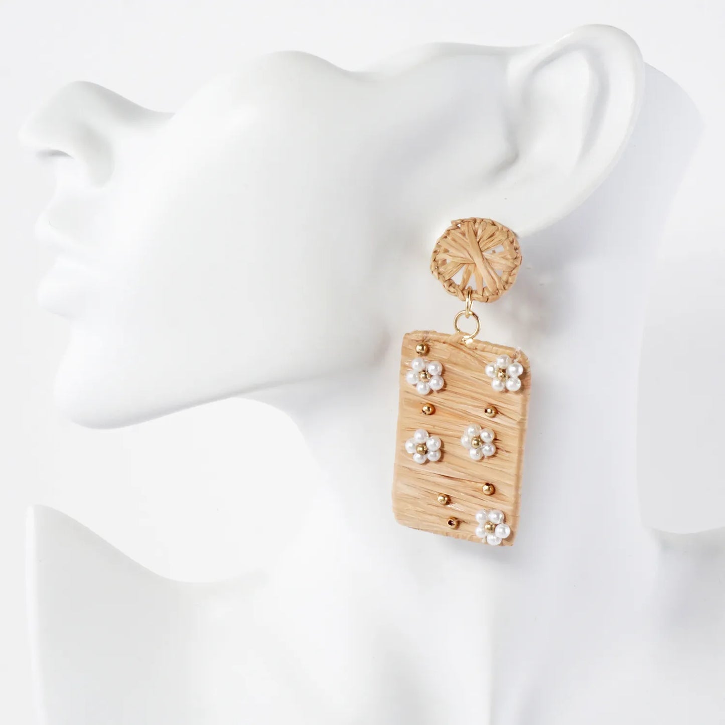 Flower Pearl-Beaded Raffia Wrapped Rectangle Drop Statement Earrings